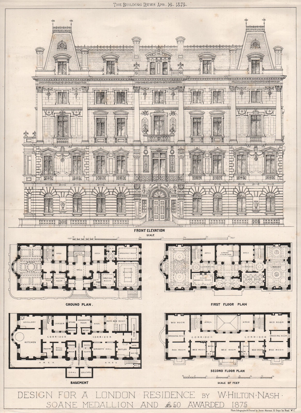 Design for a London residence by W. Hilton Nash. Soane Medallion 1875 print